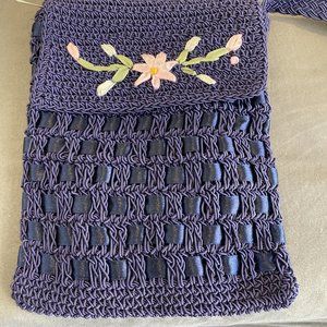 Giuliano purse Navy Blue Crochet Satin Ribbon Flower Detail  Crossbody 6” By 8”